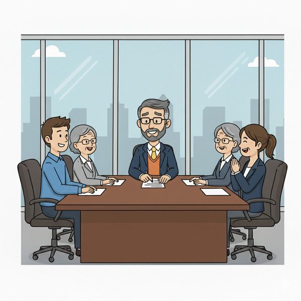 Sales Funnel Professor sat at office table with happy clients