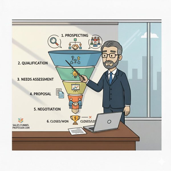 Sales Funnel Professor teaching the pipe stages in sales and and marketing.