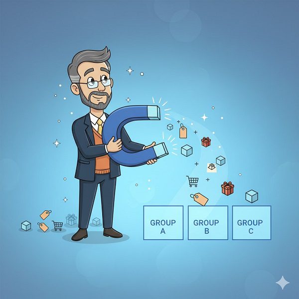 Cartoon illustration of a professor holding a large horseshoe magnet to organize small product icons (boxes, price tags, shopping carts) into three labeled sections (Group A, Group B, Group C), symbolizing the organization and efficiency of category management.