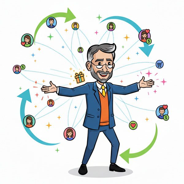 Client Referrals Program: Satisfied customer generating a continuous, high-value stream of new leads