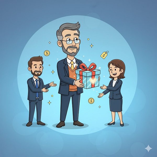 referral-programs-definition Cartoon illustration of a professor holding a large gift box with a red ribbon, facilitating a rewarding exchange between two business figures, with floating dollar signs and price tags symbolizing the incentive structure of a referral program.