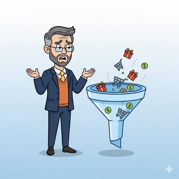 Cartoon illustration of a worried professor standing next to a sales funnel with shopping carts, gift boxes, and dollar signs falling out, symbolizing wishlist abandonment and lost sales.