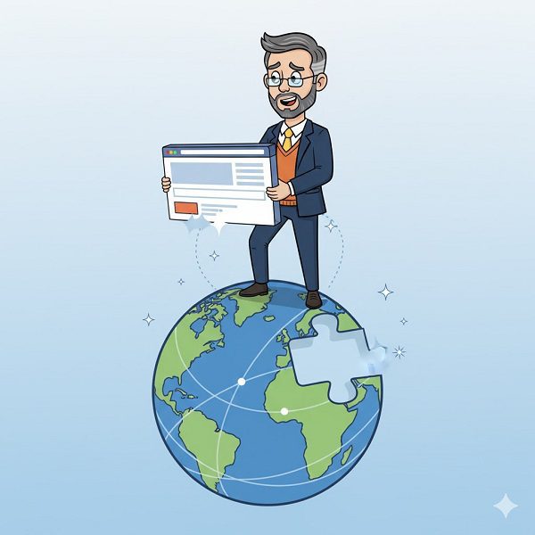 Cartoon illustration of a professor standing on top of a globe, holding a web browser interface, symbolizing the global reach and ease of building websites with WordPress.