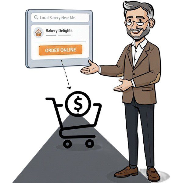Professional character illustrating the concept of zero-click conversion, where users order directly via an online button instead of navigating to a business website