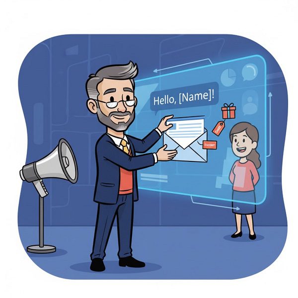 Cartoon illustration of a professor standing next to an unused, generic megaphone while presenting a customized digital message reading "Hello, [Name]!" to a single customer figure, symbolizing a personalized campaign strategy.