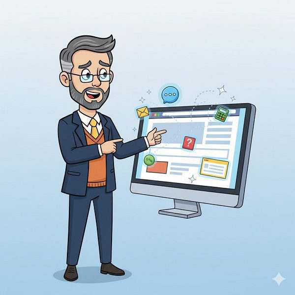 Cartoon illustration of a professor pointing to a computer monitor that has interactive elements like a chat bubble, calculator, and email icon popping out, representing widget marketing and user engagement.