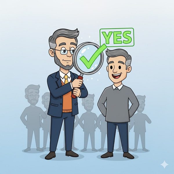 Cartoon illustration of a professor holding a large magnifying glass over a smiling prospect, with a green checkmark and the word 'YES' above the prospect's head, symbolizing the qualification and approval of a Sales Qualified Lead (SQL).