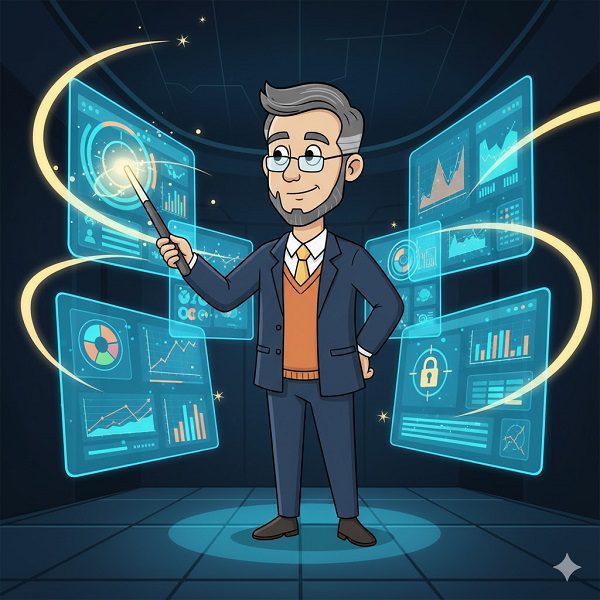 Cartoon illustration of a professor using a glowing digital wand to control multiple futuristic screens displaying real-time data, charts, and analytics, symbolizing an AI-powered solution for Go-to-Market strategy and precision.