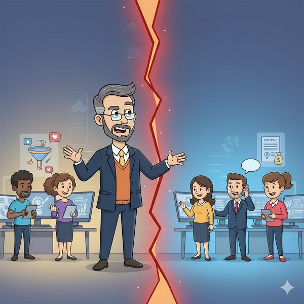 Cartoon illustration of a professor standing in a gap between two teams, with a red crack separating the marketing team (funnel, social media icons) on the left from the sales team (contract, dollar signs) on the right, symbolizing the need for sales funnel vs marketing funnel alignment.