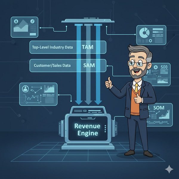 Cartoon illustration of a professor giving a thumbs-up next to a 'Revenue Engine' machine that is being fed by three separate data streams—labeled TAM, SAM, and SOM—symbolizing Revenue Operations (RevOps) driven by market sizing data.