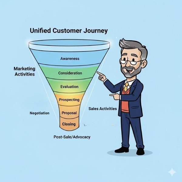 Diagram of a single funnel labeled "Unified Customer Journey" with the professor pointing at the overlapping activities of Marketing and Sales across stages like Awareness, Consideration, Prospecting, and Closing.