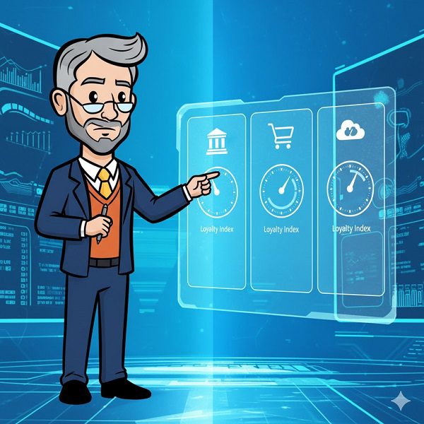 Cartoon illustration of a professor pointing to a digital screen that displays three identical 'Loyalty Index' gauges linked to different icons: a Bank Building, a Shopping Cart, and a Cloud symbol, demonstrating that the interpretation of NPS varies across industries.