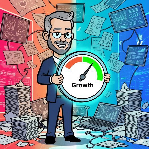 Cartoon illustration of a professor holding a large, glowing gauge labeled 'Growth' with the needle pointing high, standing amid piles of reports and confusing data screens, symbolizing the Net Promoter Score (NPS) as the single, true measure of customer loyalty.