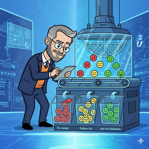 Cartoon illustration of a professor examining a machine that sorts customer feedback (red sad faces, yellow neutral faces, green happy faces) into three bins labeled 'Fix Issues,' 'Follow Up,' and 'Ask for Referrals,' symbolizing the strategic analysis of Net Promoter Score (NPS) feedback.
