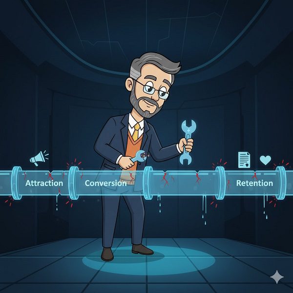 Cartoon illustration of a professor standing in a dark, high-tech environment and using a wrench to repair several cracks and leaks in a glowing digital pipeline labeled 'Attraction,' 'Conversion,' and 'Retention,' symbolizing RevOps optimization of the entire revenue funnel.