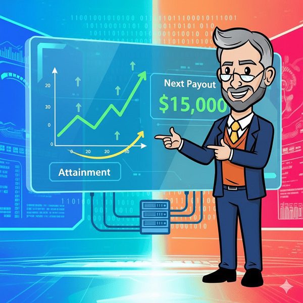 Cartoon illustration of a professor pointing to a digital dashboard showing a rising 'Attainment' graph and a clear 'Next Payout' amount of $15,000, symbolizing the transparent and data-driven management of sales compensation plans and real-time sales performance.