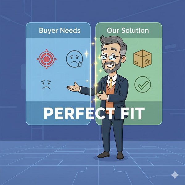 Cartoon illustration of a professor presenting a diagram split into 'Buyer Needs' (target, sad face) and 'Our Solution' (product box, checkmark), with the phrase 'PERFECT FIT' highlighting the successful alignment of the two sides, symbolizing a strong Value Proposition.