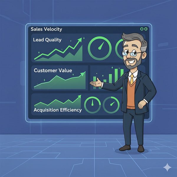 Cartoon illustration of a professor presenting a dashboard that displays upward-trending graphs for Sales Velocity, Lead Quality, Customer Value, and Acquisition Efficiency, symbolizing the measurable impact of a strong Value Proposition on business performance.