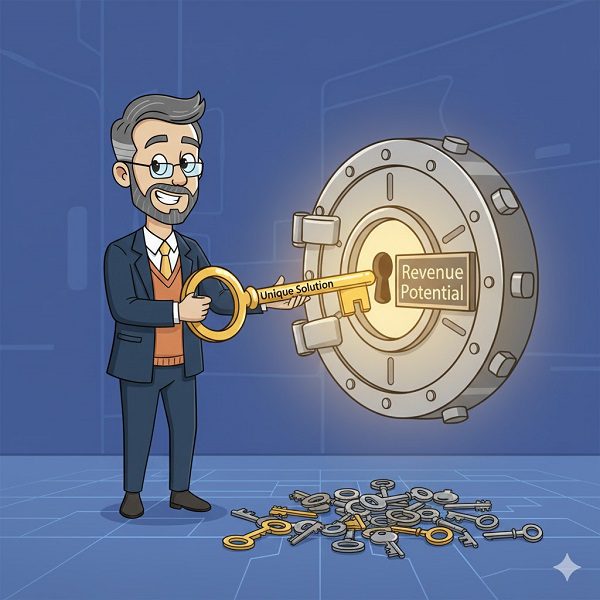 Cartoon illustration of a professor smiling while holding a large golden key labeled 'Unique Solution' and inserting it perfectly into a glowing vault door labeled 'Revenue Potential,' symbolizing a Value Proposition as the competitive advantage that unlocks growth.