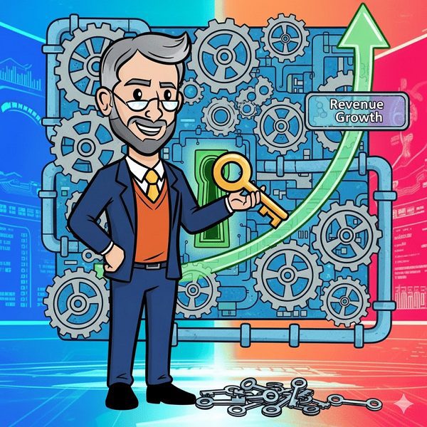 Cartoon illustration of a professor holding a golden key in front of a complex wall of gears and mechanisms. The key fits into a slot connected to a green arrow labeled 'Revenue Growth,' symbolizing the precise alignment of variable compensation plans to drive sales efficiency.