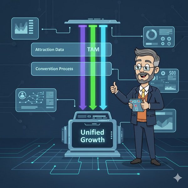 Cartoon illustration of a professor giving a thumbs-up next to a 'Revenue Engine' machine. The machine is being fed by three integrated data streams labeled 'Attraction Data,' 'Conversion Process,' and 'Retention Metrics,' symbolizing the unified systems of a Revenue Operations (RevOps) strategy.